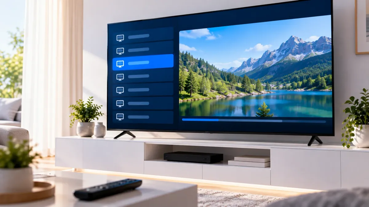 Smart TV mit geöffneter HOT IPTV App: Senderliste links, Vorschau rechts