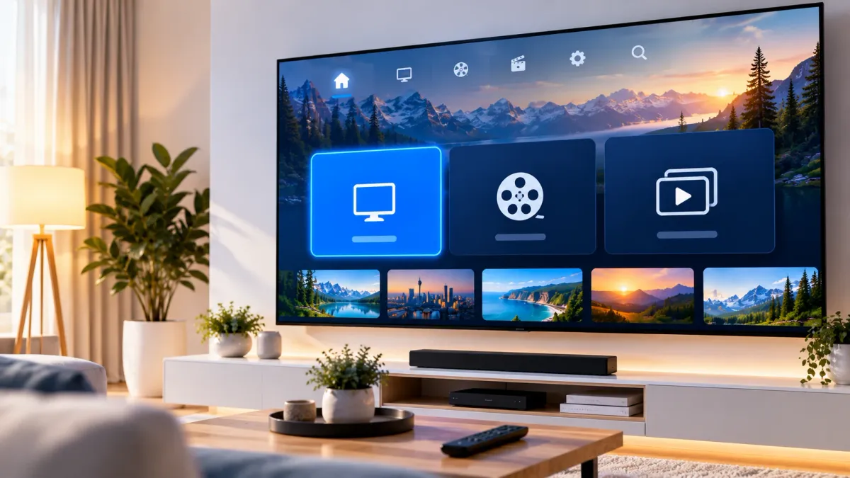 IBO Pro IPTV App mit den Bereichen Live-TV, Filme und Serien auf einem Fernseher