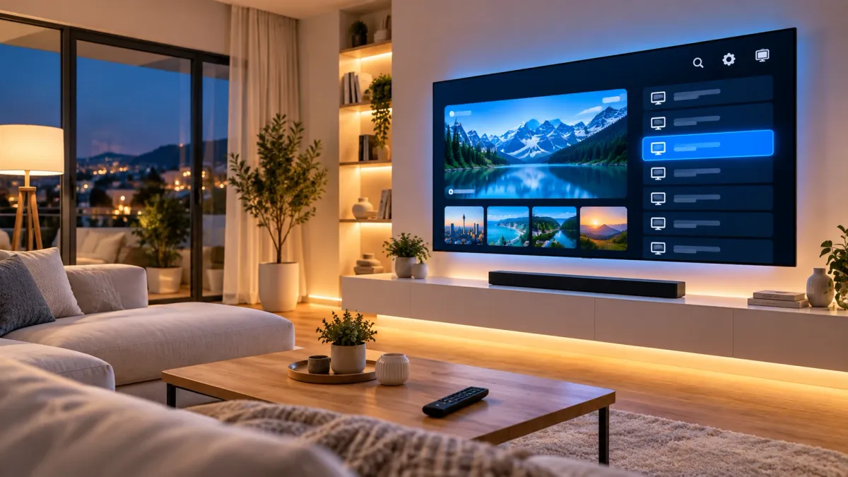 Wohnzimmer am Abend mit Smart TV, auf dem eine IPTV App mit Senderliste läuft
