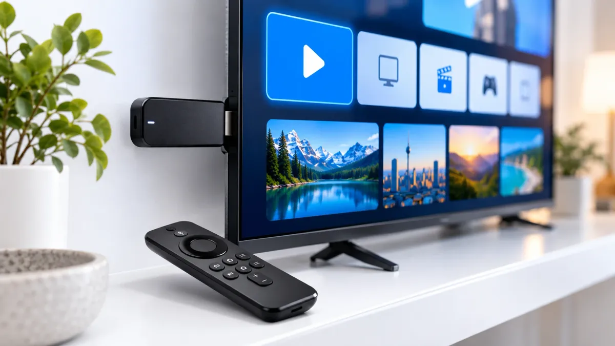 Fire TV Stick mit Fernbedienung und IPTV App auf dem Fernseher